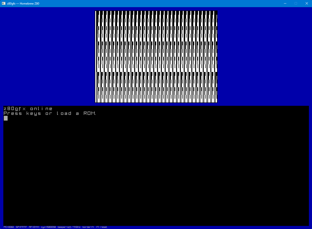 z80gfx default ROM showing VRAM test pattern and terminal